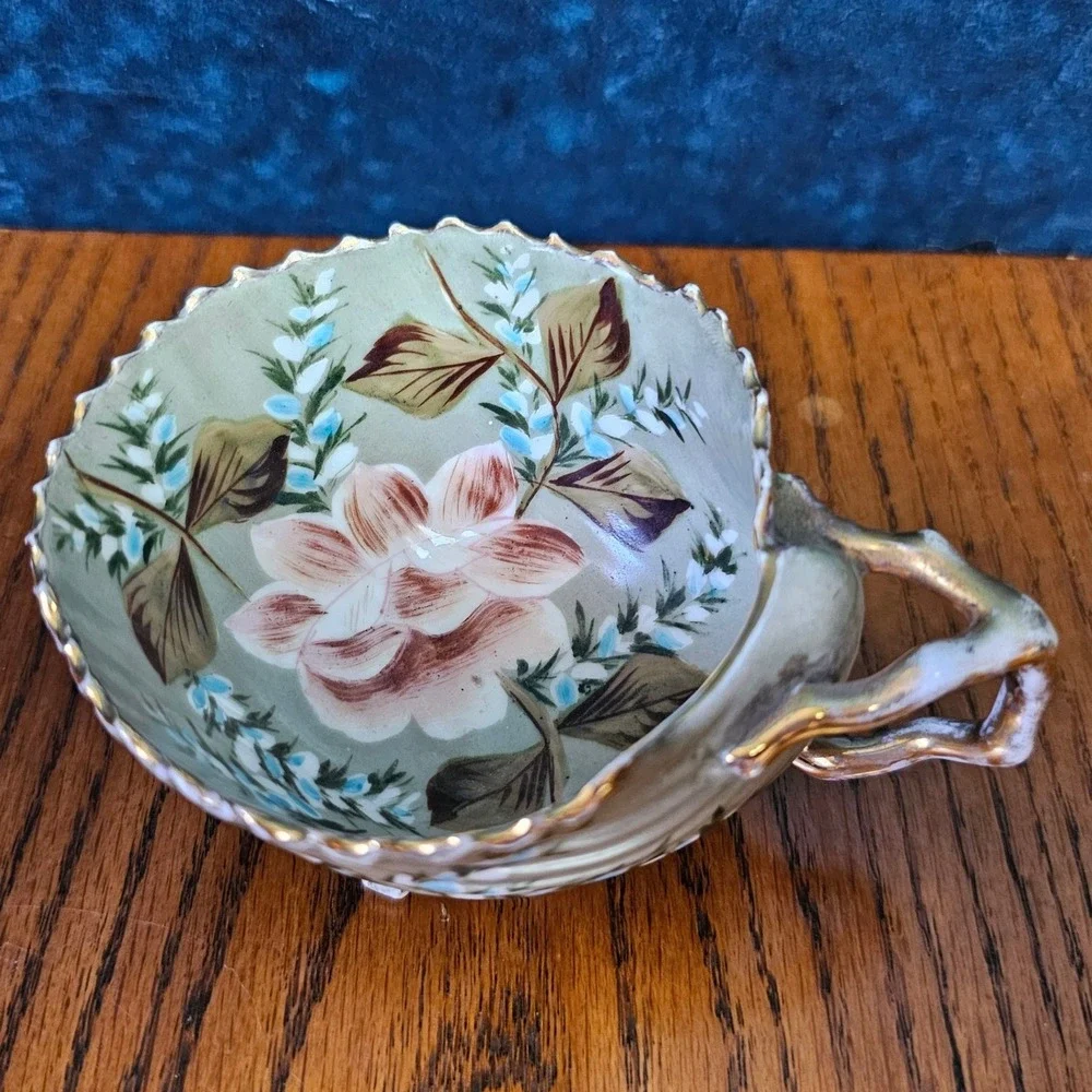 Antique Depon 3817 Porcelain Footed Cup Hand Painted Floral Shell Scalloped Gold